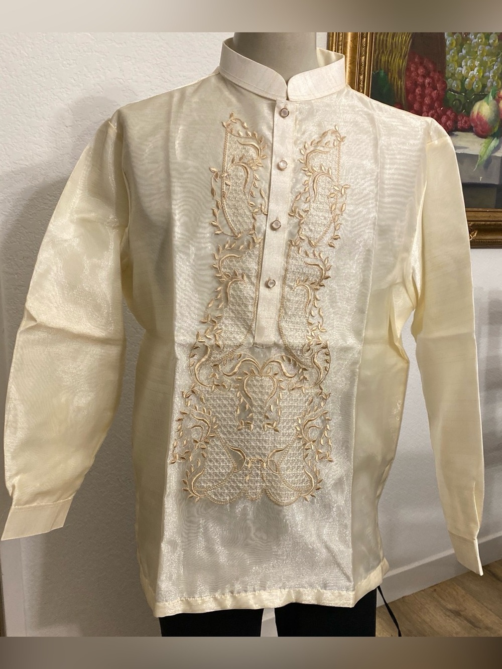 Men's Cream Embroidered Barong Tagalog Traditional Shirt